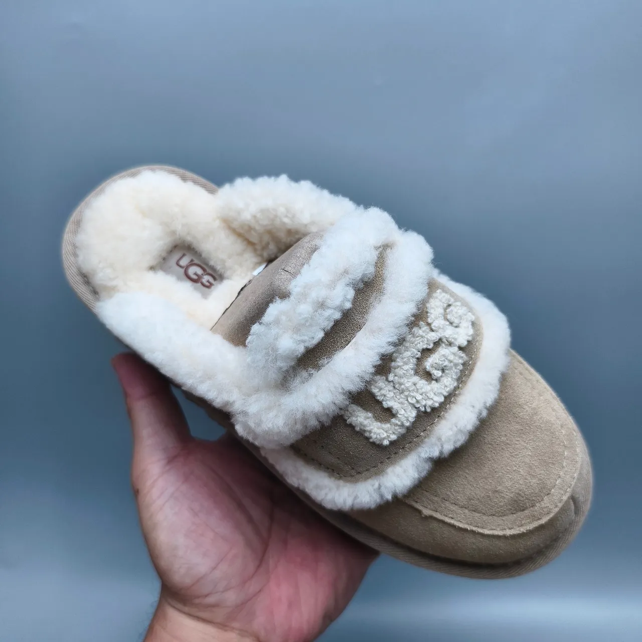 UGG Tasman Beige Suede Shearling-Trimmed Platform Slippers 3