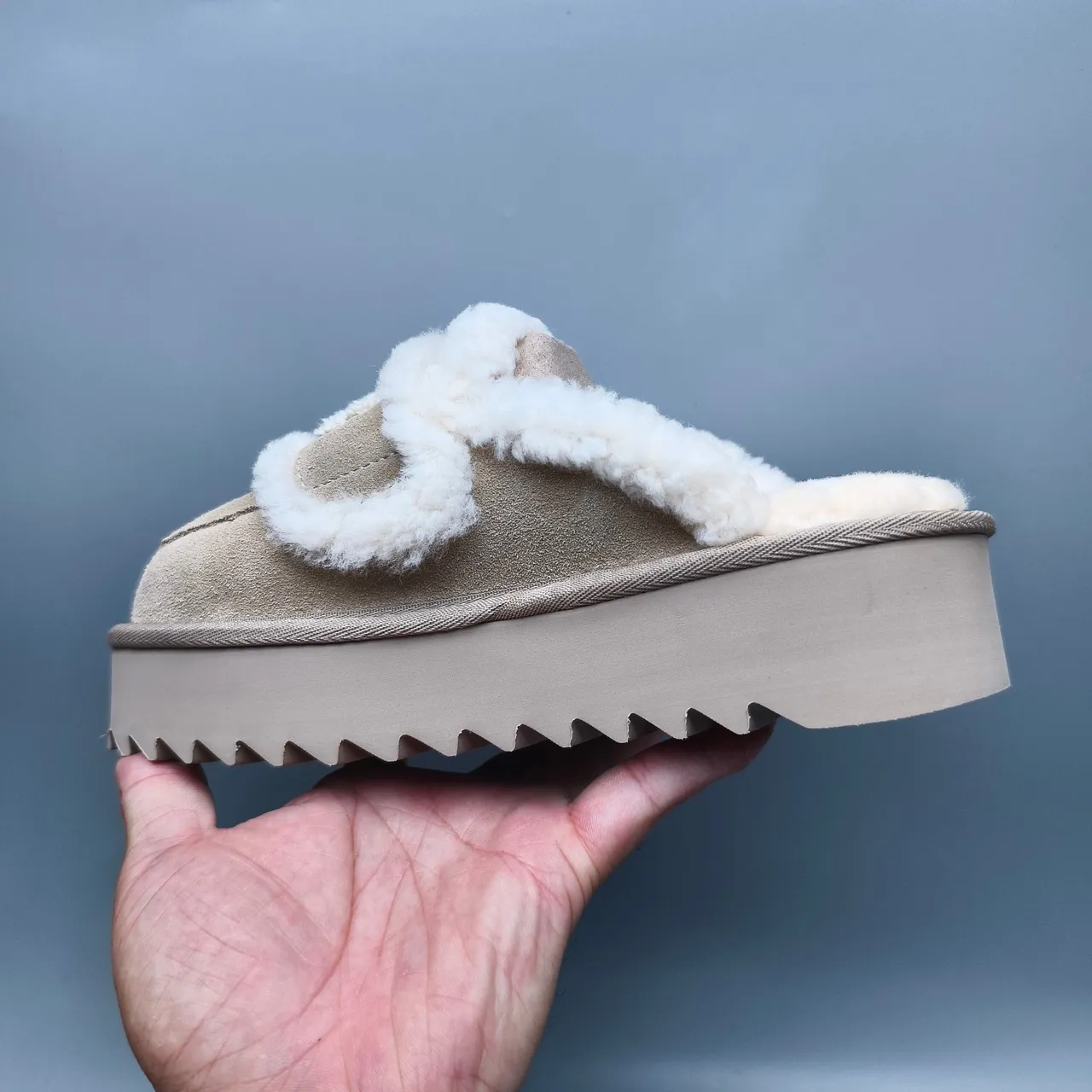 UGG Tasman Beige Suede Shearling-Trimmed Platform Slippers 4