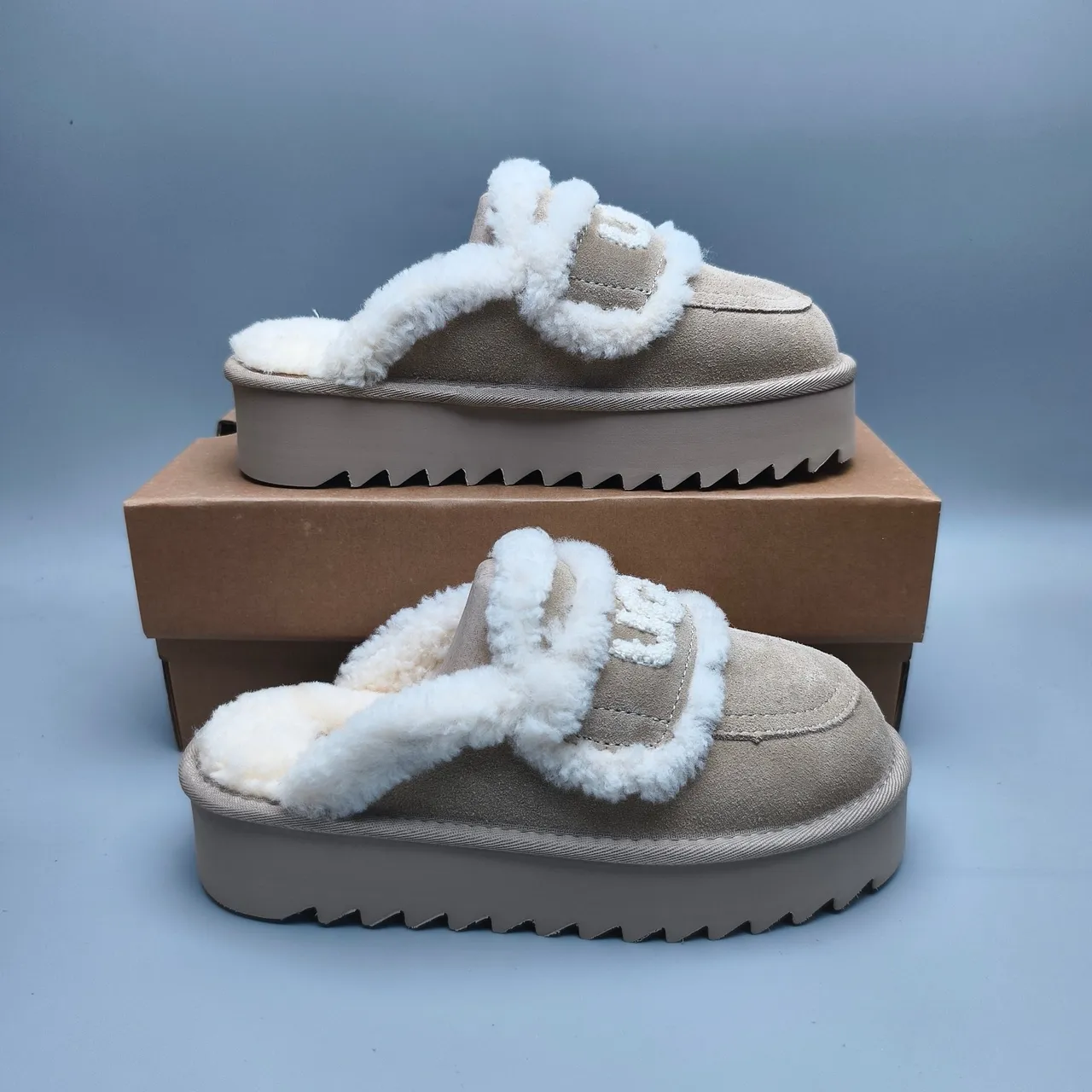 UGG Tasman Beige Suede Shearling-Trimmed Platform Slippers 5