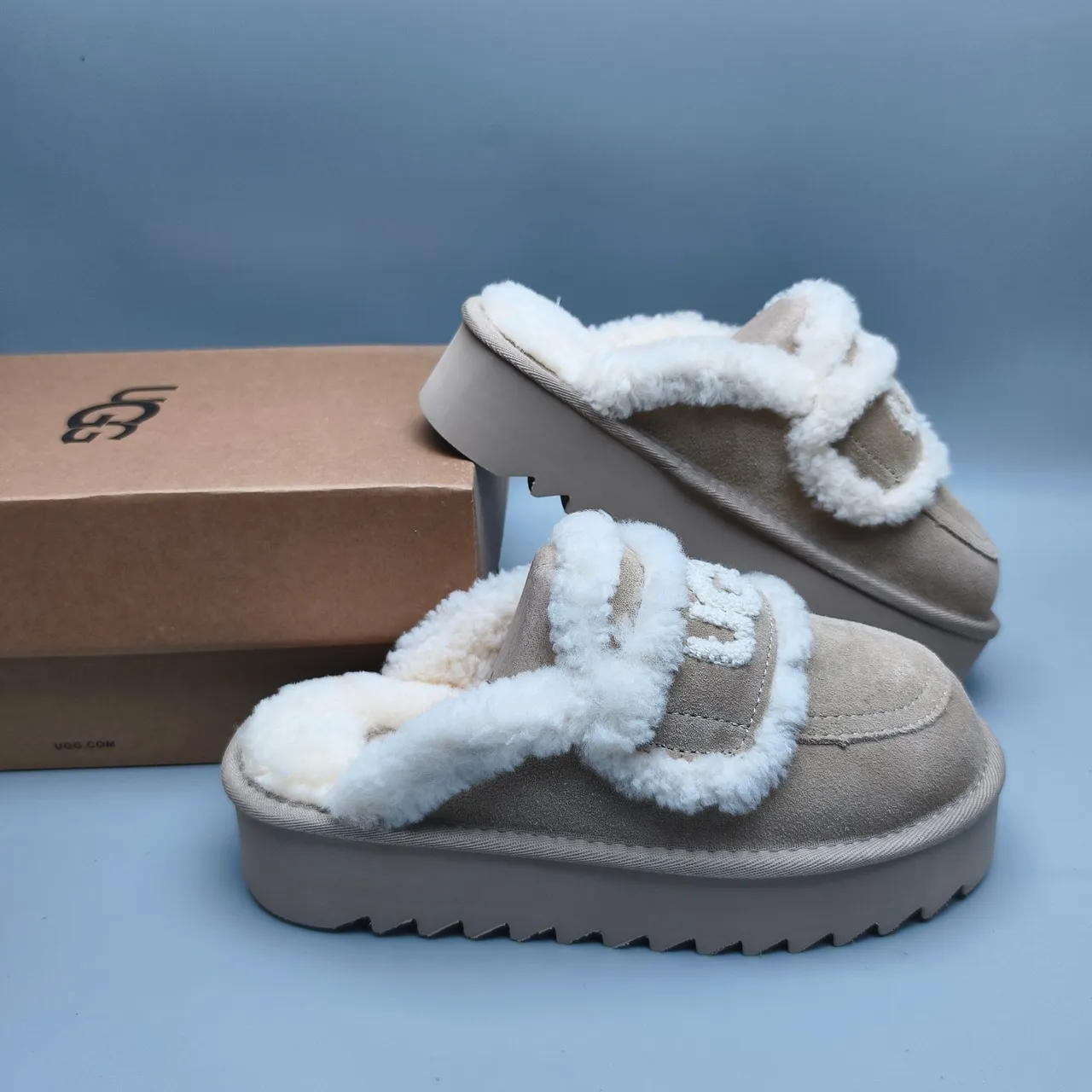 UGG Tasman Beige Suede Shearling-Trimmed Platform Slippers 6