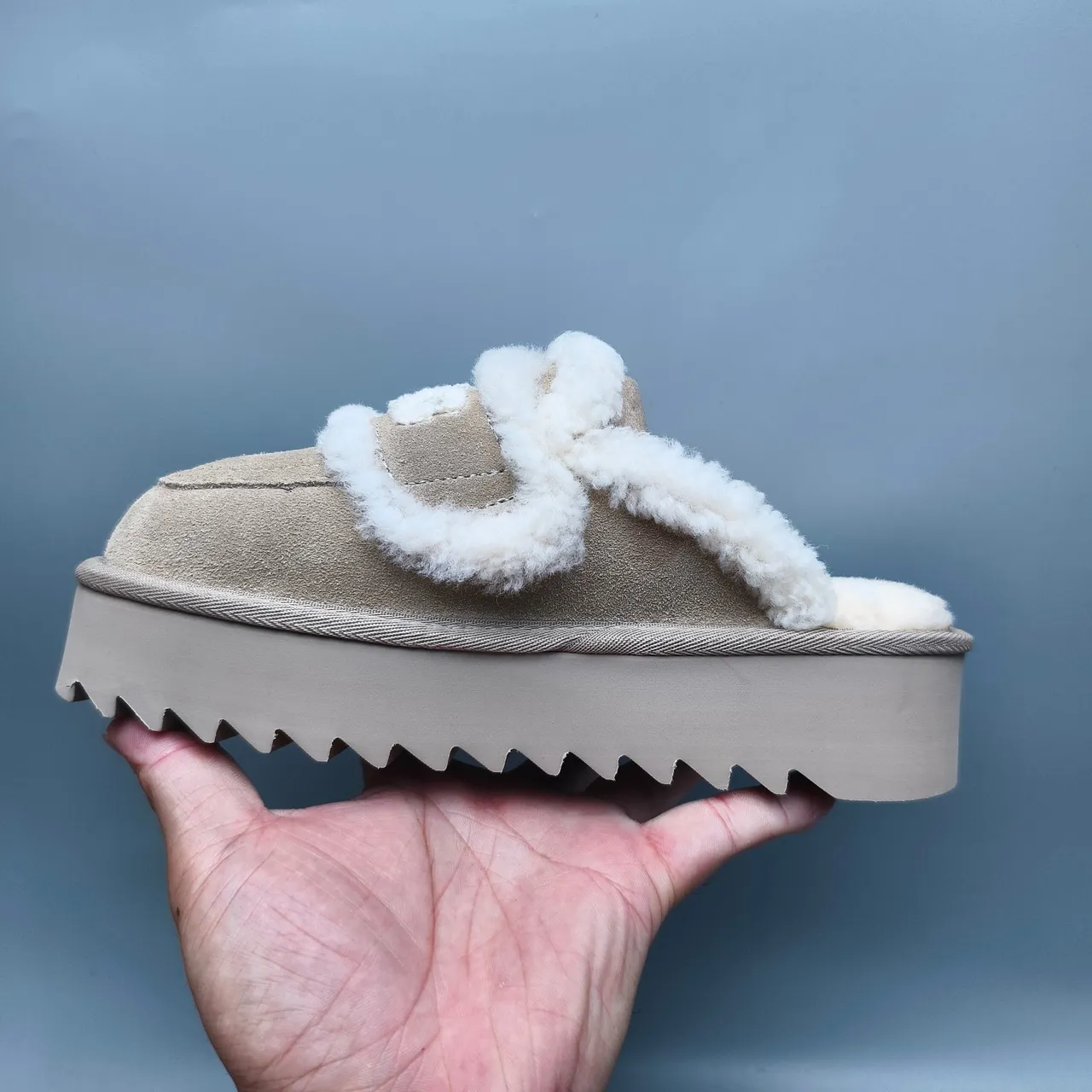 UGG Tasman Beige Suede Shearling-Trimmed Platform Slippers 7
