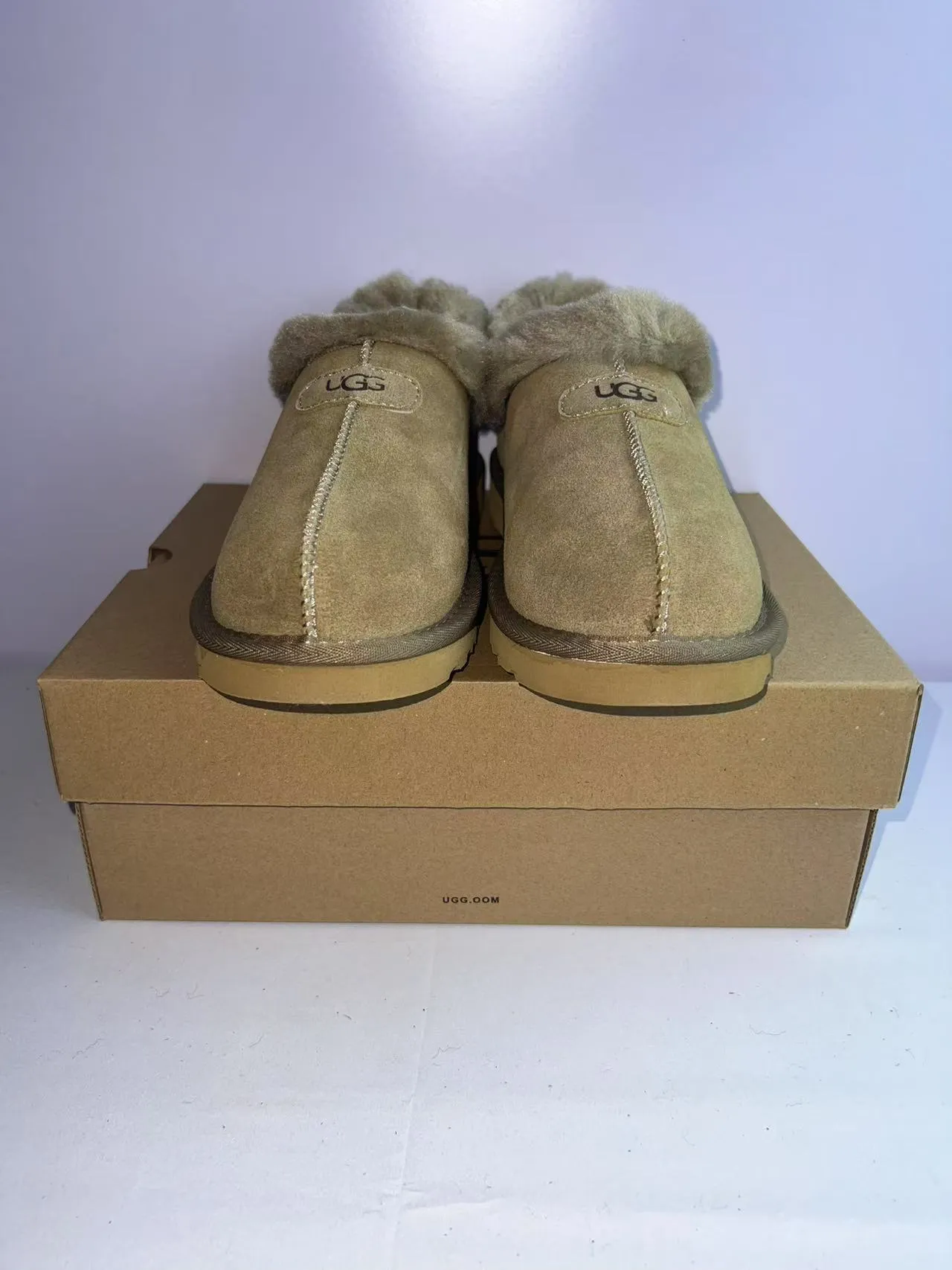 UGG Tasman Bege Couro Suede Superior Colar de Shearling Tênis Casual 6