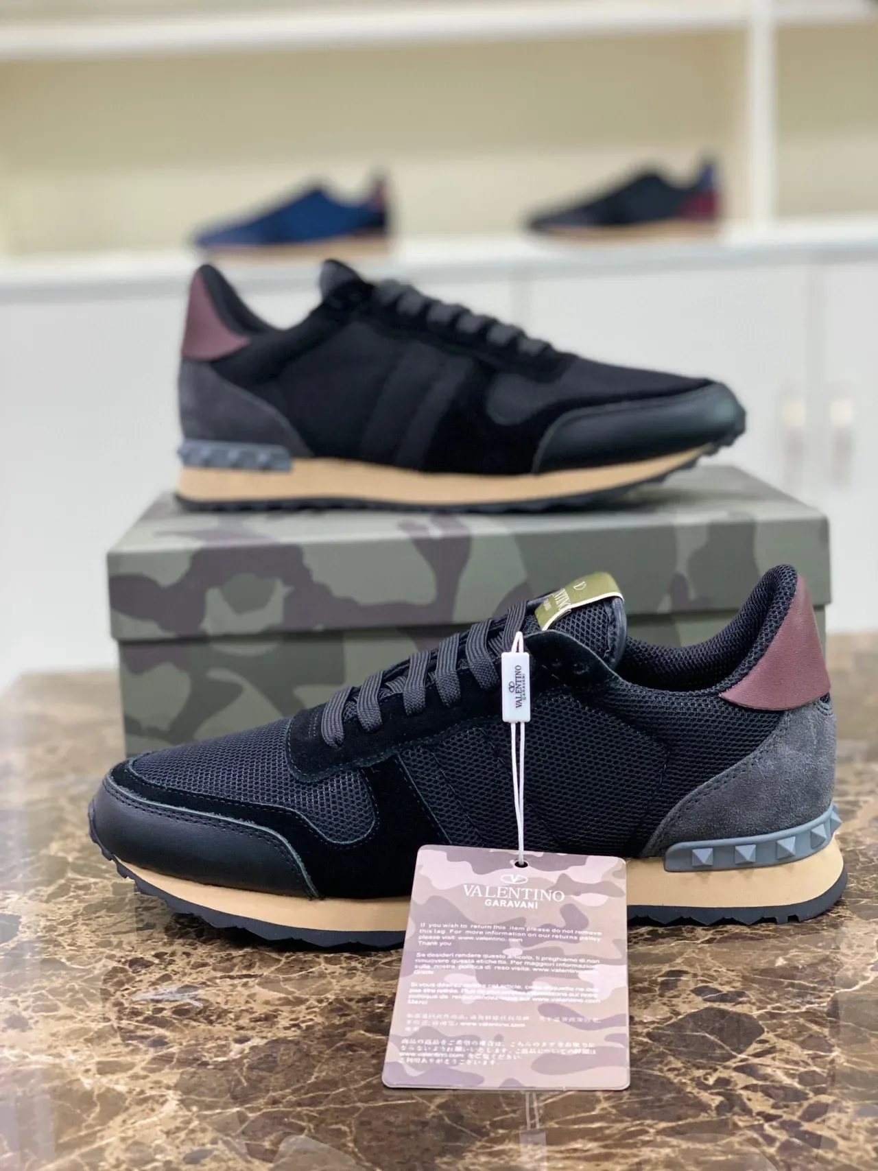 Valentino Preto Bege Malha E Camurça Superior Spiked Salto De Borracha Tênis Lifestyle 6