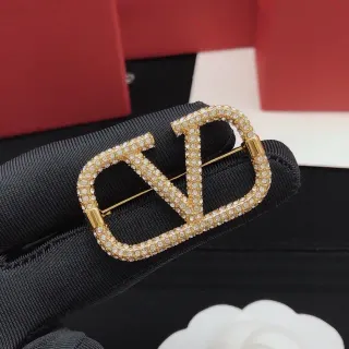 Valentino Gold Black Pavé-Crystal VLOGO Monogram Brooch