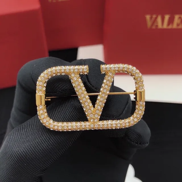 Valentino Gold Black Pavé-Crystal VLOGO Monogram Brooch 9