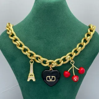 Valentino Gold Red Chunky Curb Chain Multi-Charm Pendant Necklace
