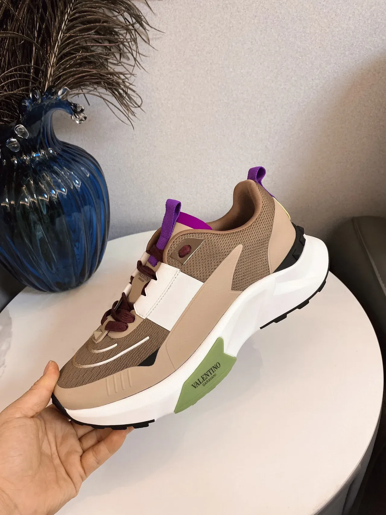 Valentino Open Beige White malha com camadas e sobreposições sintéticas solado médio esculpido tênis lifestyle 5