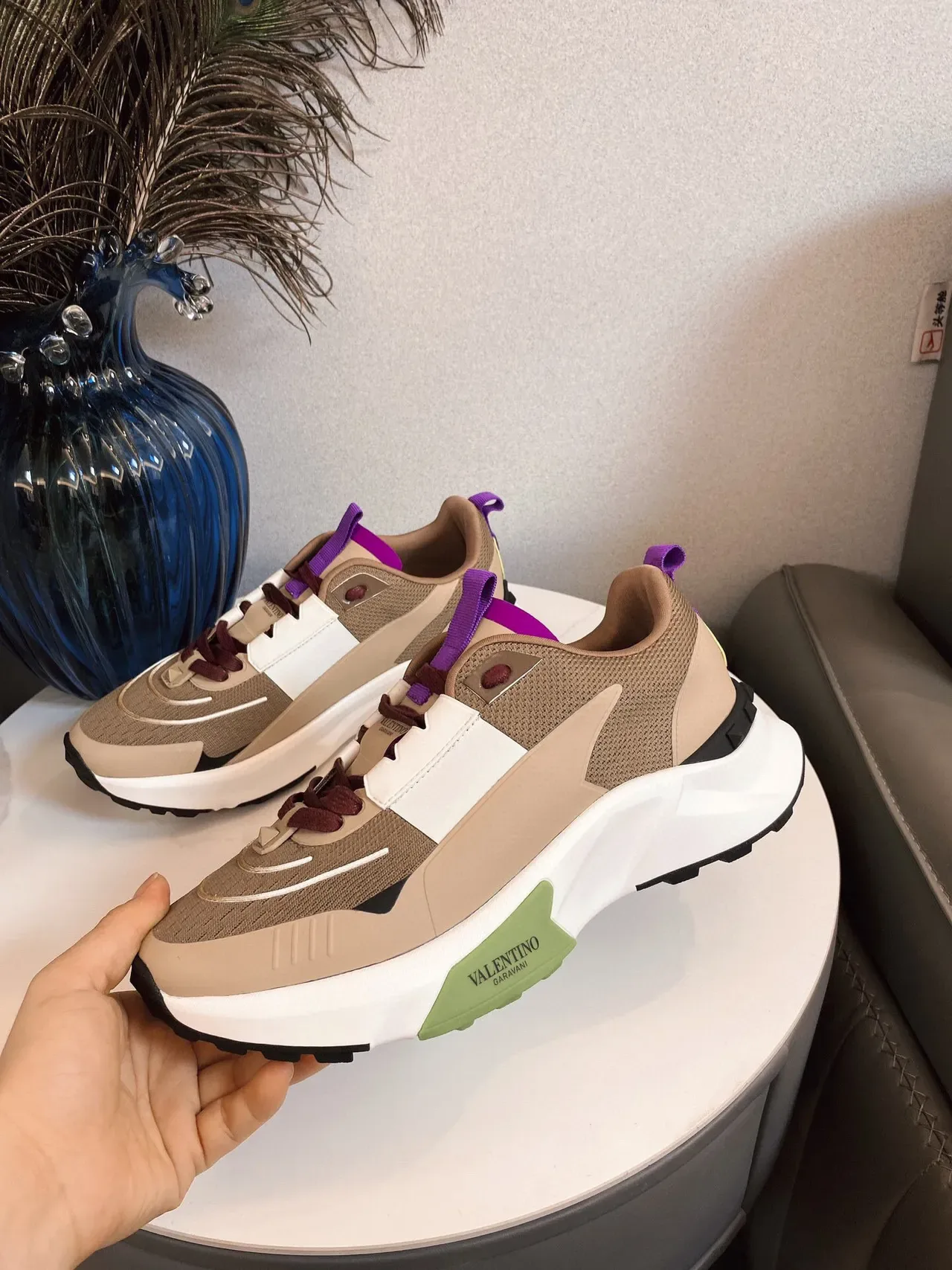 Valentino Open Beige White malha com camadas e sobreposições sintéticas solado médio esculpido tênis lifestyle 6