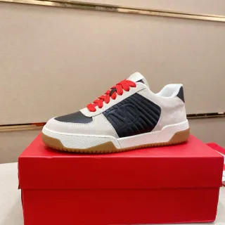 Valentino Rockstud Beige Navy Quilted VLogo Panel Suede And Perforated Leather Upper Lifestyle Sneakers