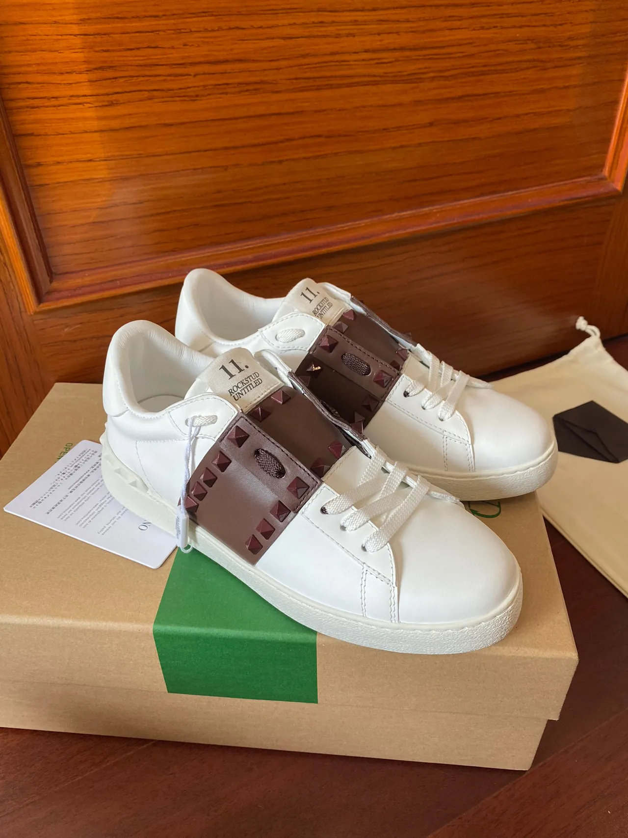 Valentino Rockstud White Brown Leather Stud-Accented Strap Lifestyle Sneakers 2