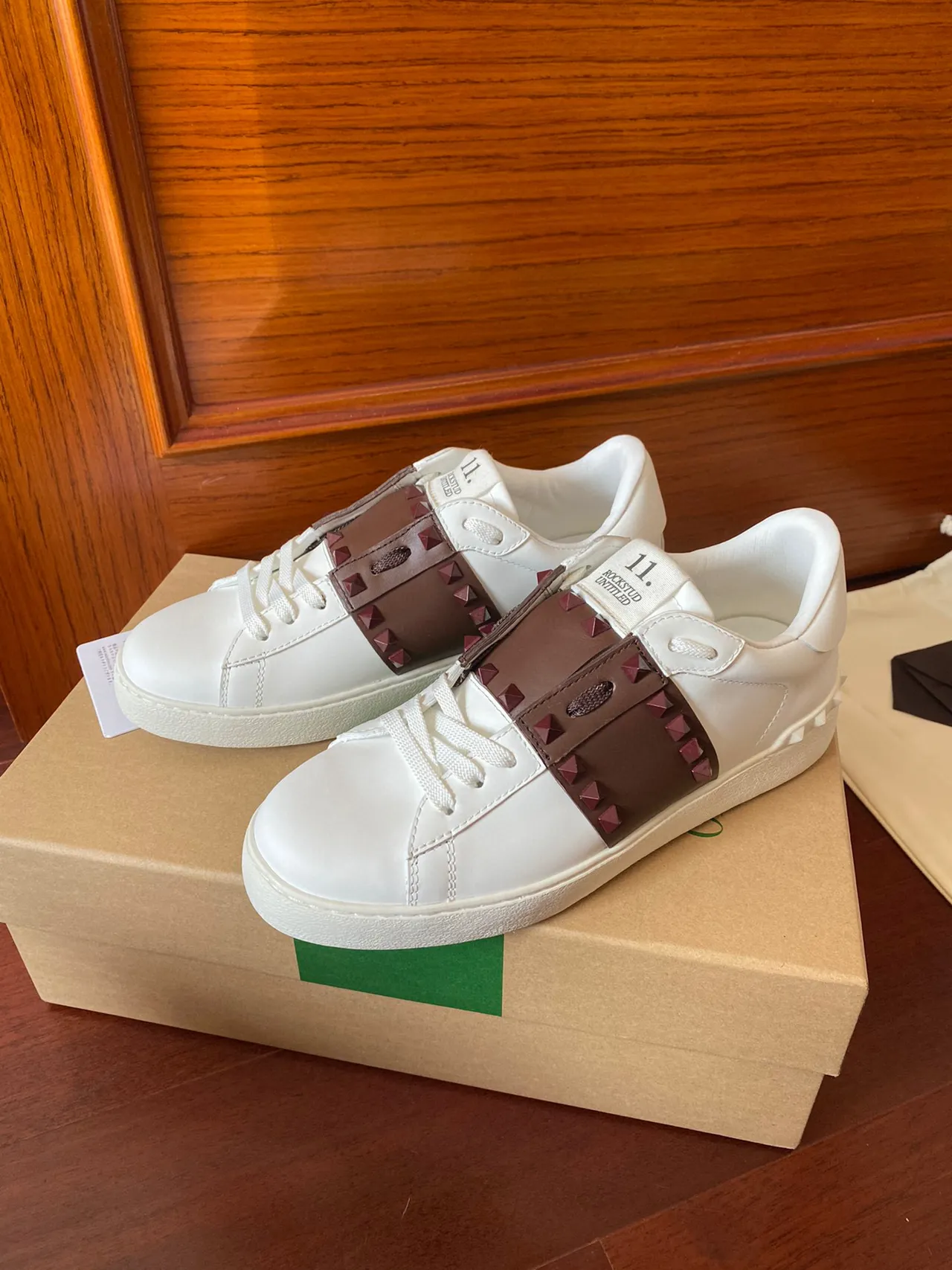 Valentino Rockstud White Brown Leather Stud-Accented Strap Lifestyle Sneakers 3