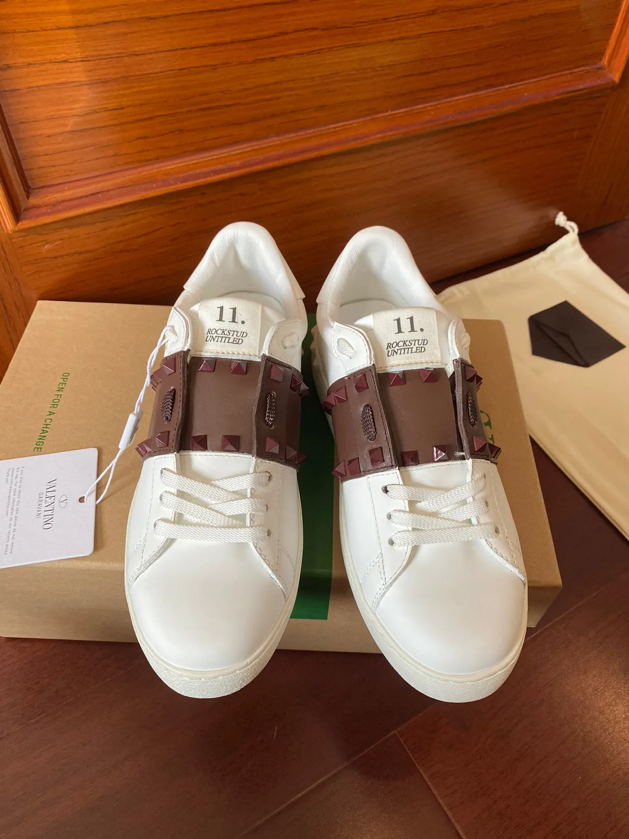 Valentino Rockstud White Brown Leather Stud-Accented Strap Lifestyle Sneakers 4