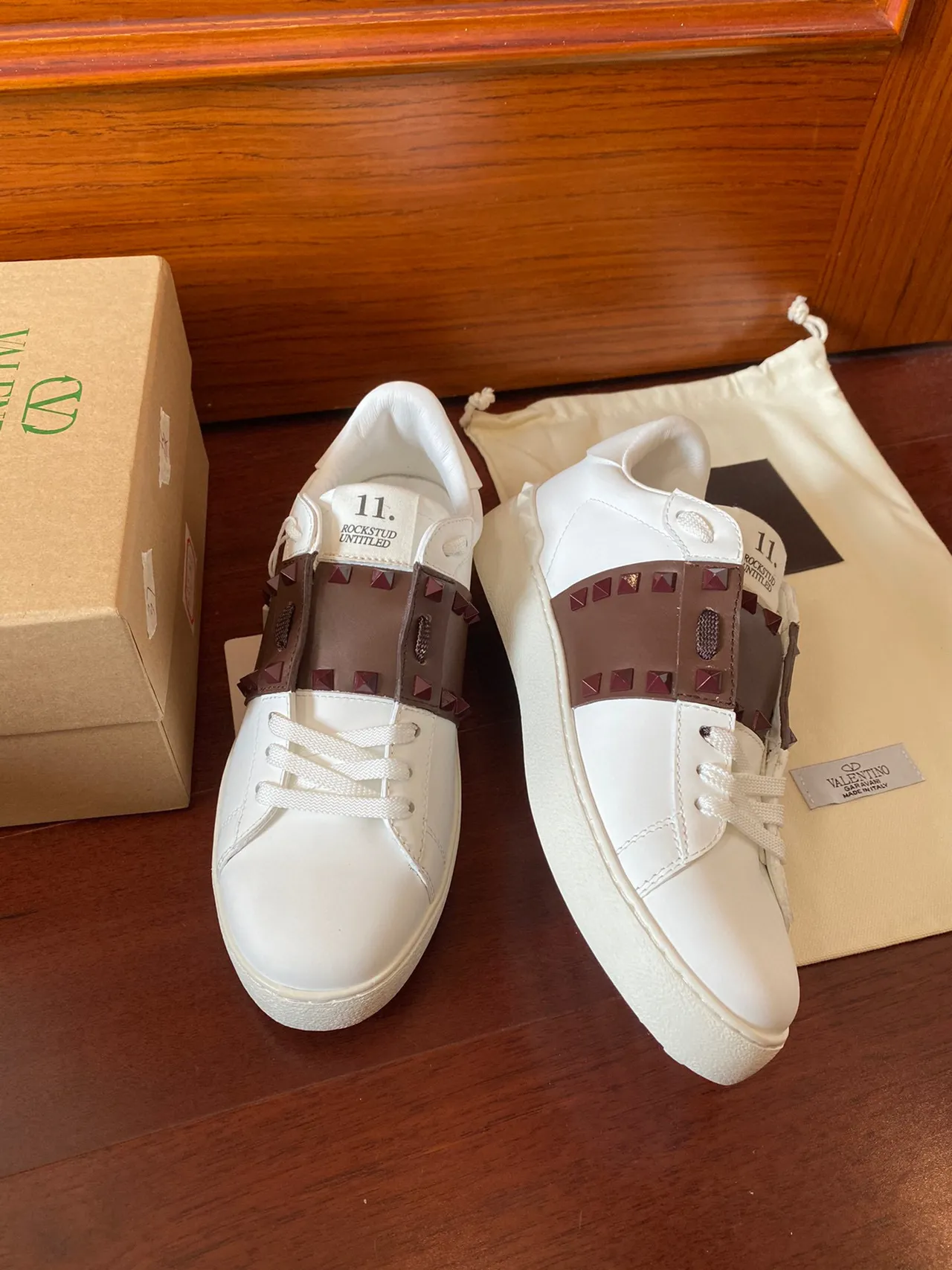 Valentino Rockstud White Brown Leather Stud-Accented Strap Lifestyle Sneakers 7