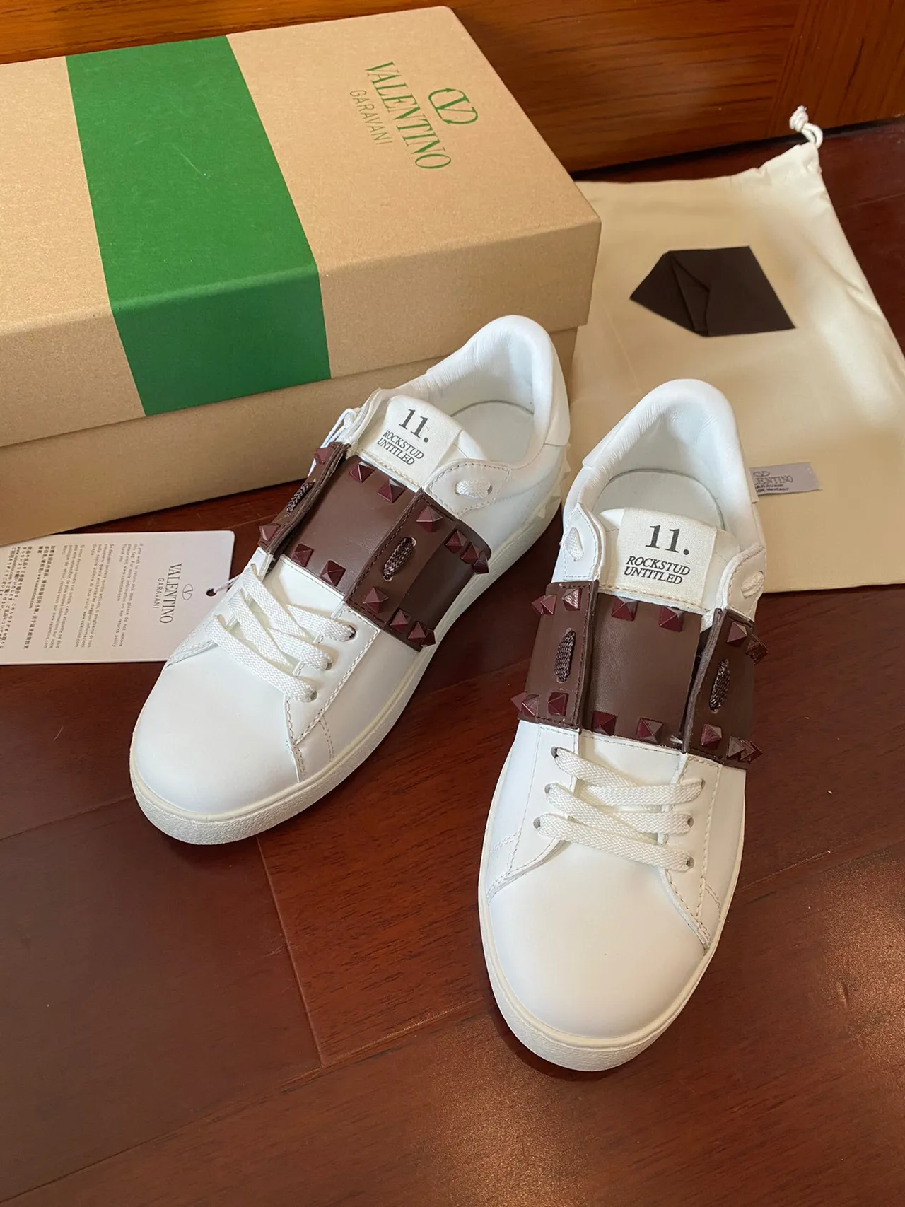 Valentino Rockstud White Brown Leather Stud-Accented Strap Lifestyle Sneakers 9