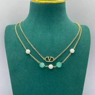 Valentino VLogo Pearl and Chalcedony Double Chain Necklace