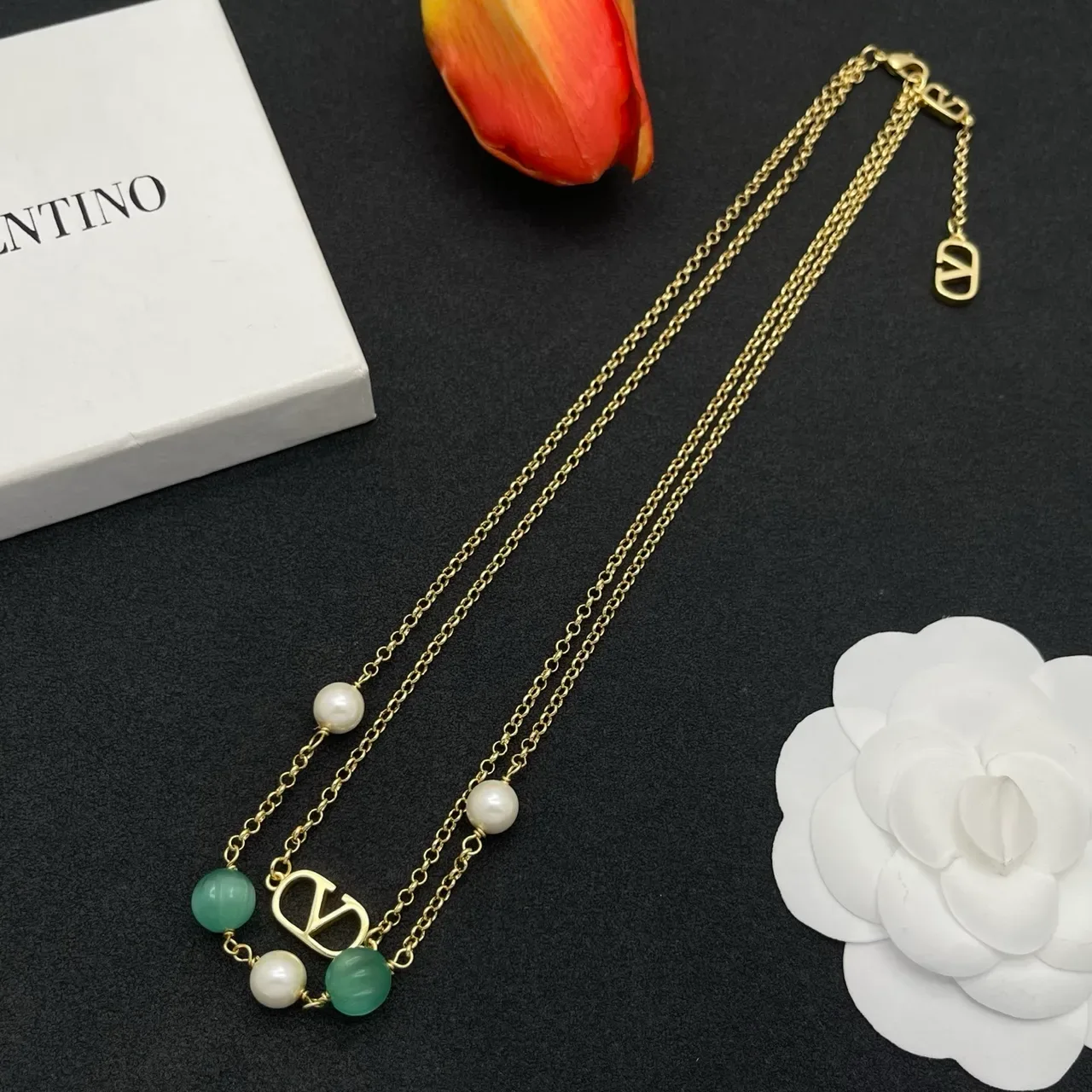 Valentino VLogo Colar Pérolas e Calcedônia Corrente Dupla 7