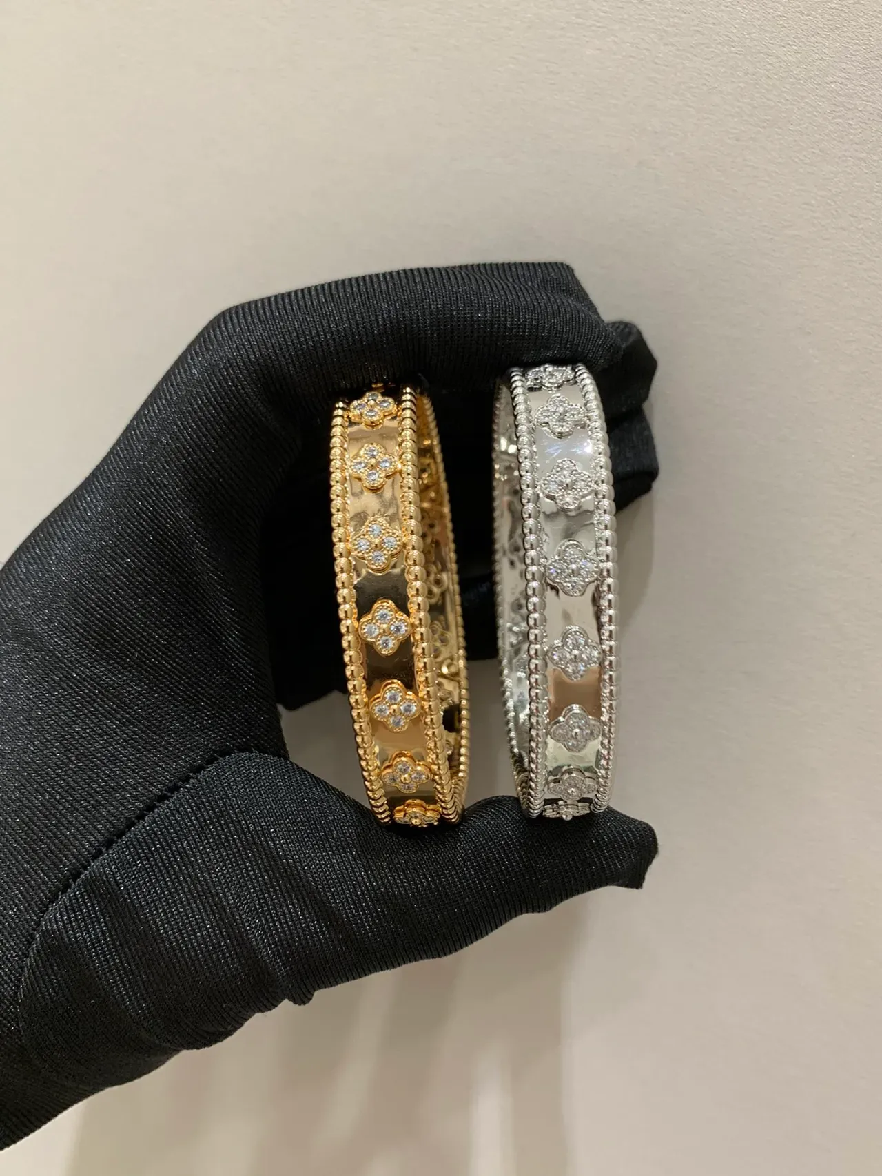 Van Cleef & Arpels Alhambra Pavé Gold and Silver Bangle Bracelets 3