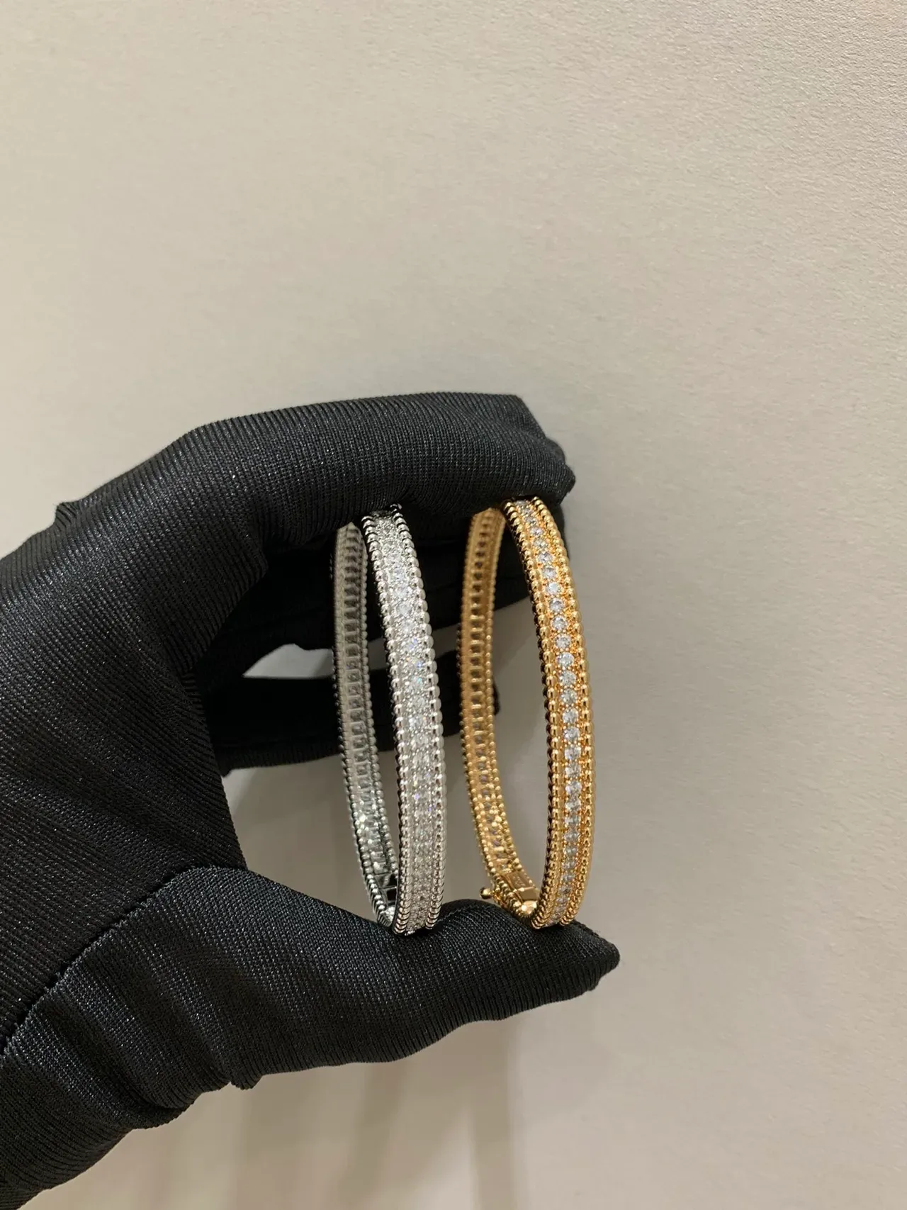 Van Cleef & Arpels Alhambra Pavé Gold and Silver Bangle Bracelets 4