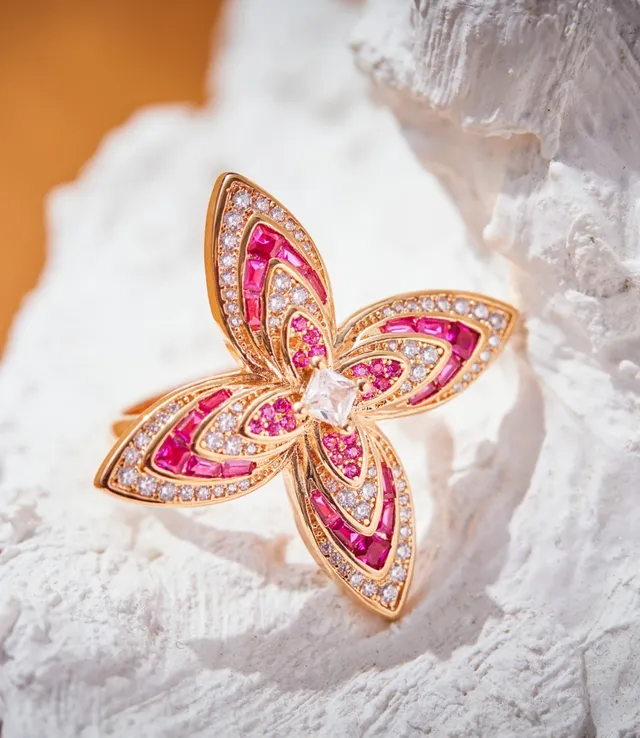 Van Cleef & Arpels Or Rose Bague Motif Floral-Butterfly Pavé-Set Diamants 6
