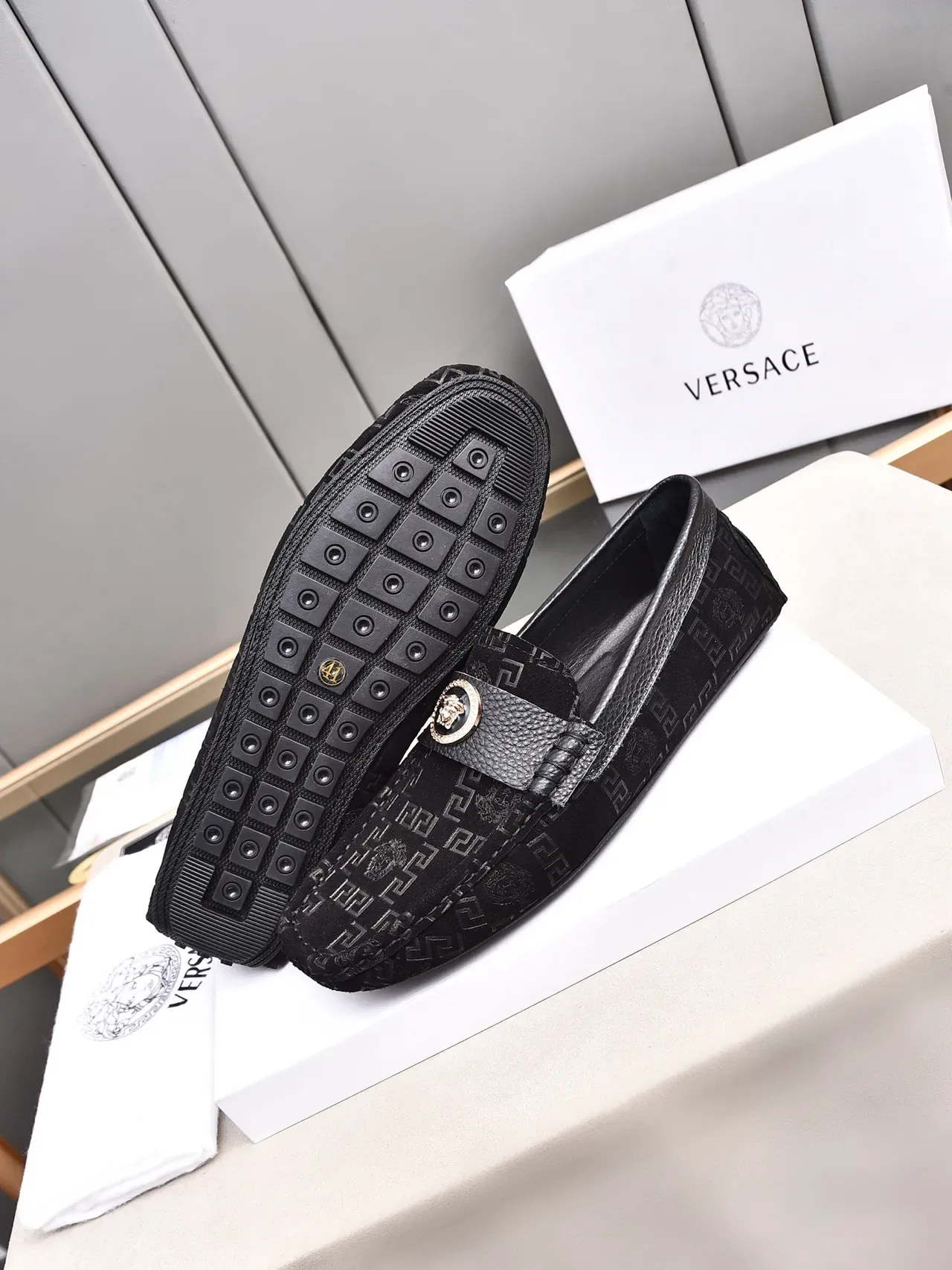 Versace Black Gold Embossed Greca Pattern Medusa Head Medallion Loafer 4