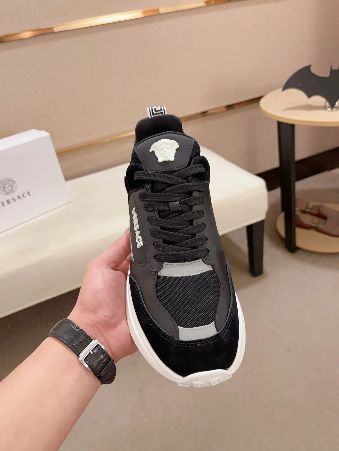 Versace Black White Mixed-Material Upper Platform Sole Chunky Sneakers 5