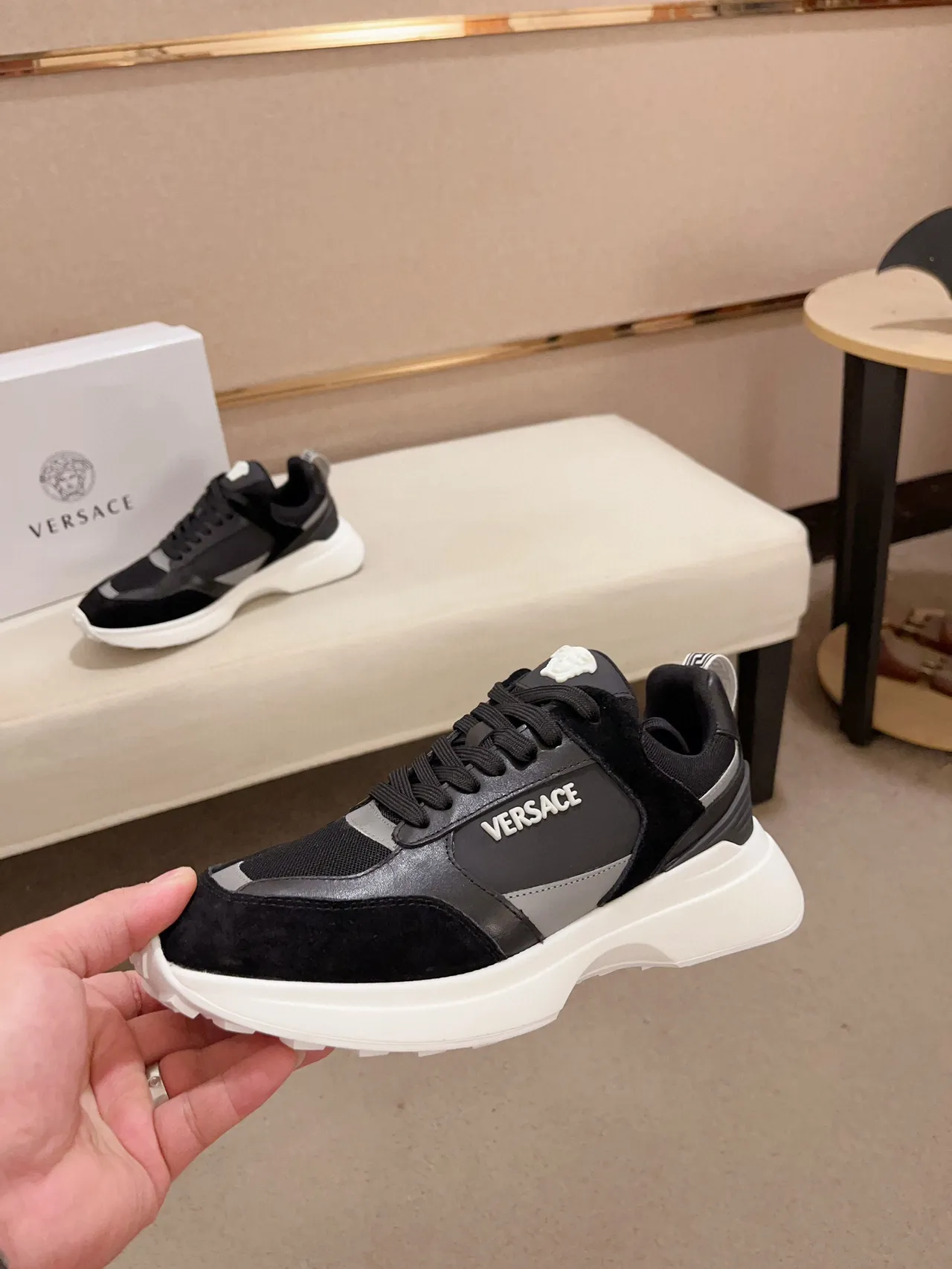 Versace Black White Mixed-Material Upper Platform Sole Chunky Sneakers 6