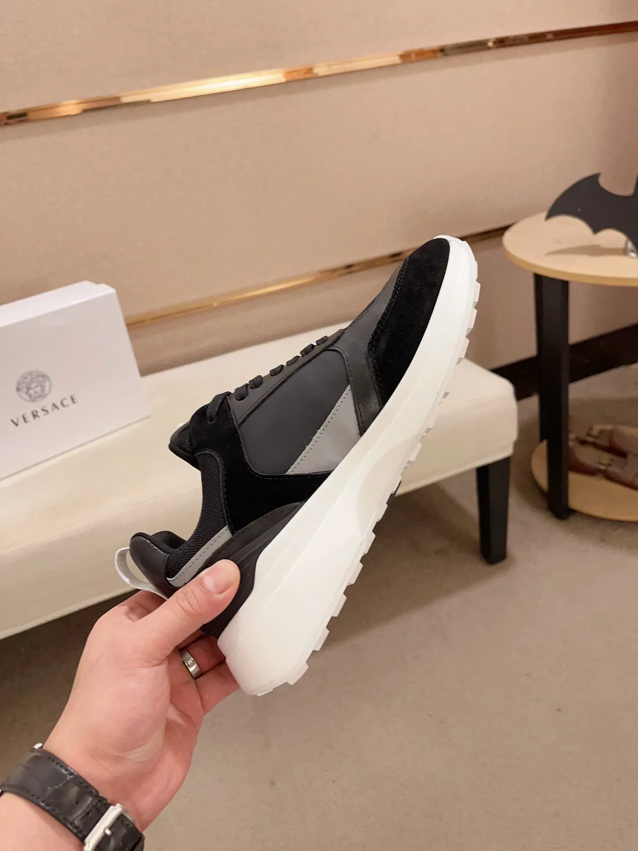 Versace Black White Mixed-Material Upper Platform Sole Chunky Sneakers 8