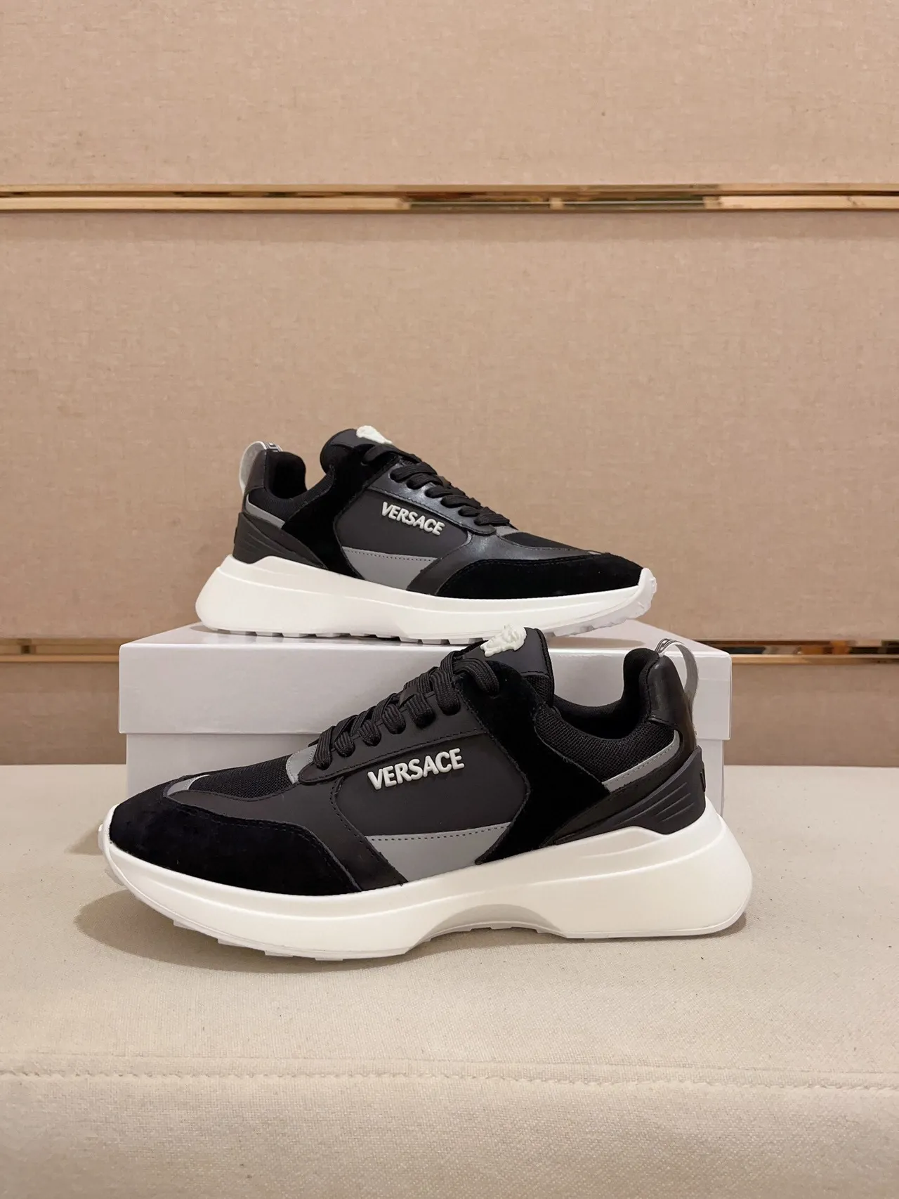 Versace Black White Mixed-Material Upper Platform Sole Chunky Sneakers 9