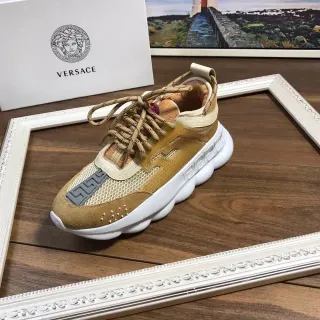 Versace Chain Reaction Beige White 雕塑鞋底 混色麂皮网面 厚底运动鞋
