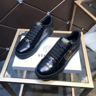 Versace Chain Reaction Black Gold Glossy Croc-Embossed Leather Medusa Plaque Lifestyle Sneakers