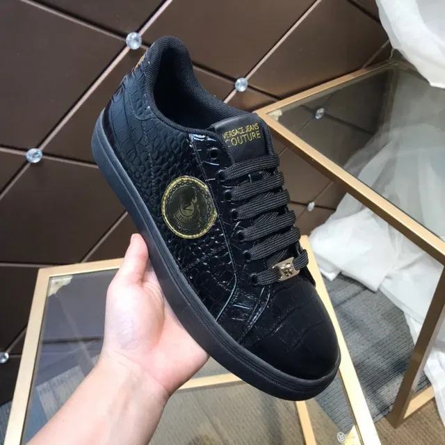 Versace Chain Reaction Black Gold Glossy Croc-Embossed Leather Medusa Plaque Lifestyle Sneakers 2