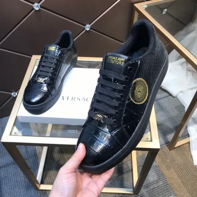 Versace Chain Reaction Black Gold Glossy Croc-Embossed Leather Medusa Plaque Lifestyle Sneakers 3
