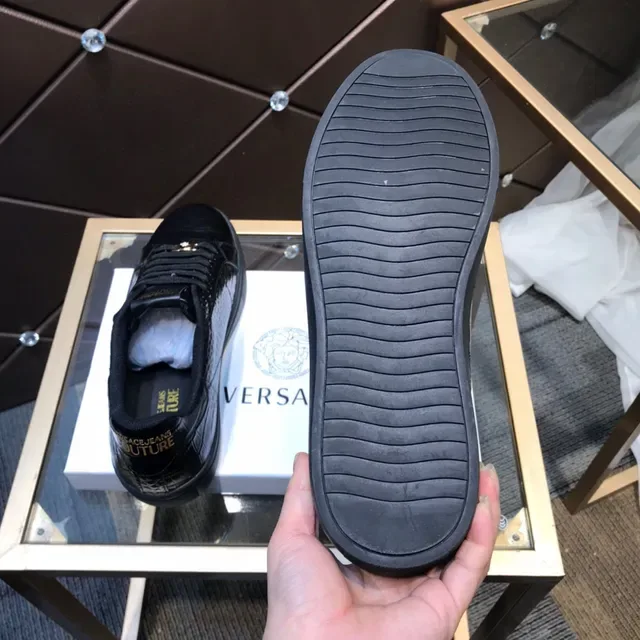Versace Chain Reaction Black Gold Glossy Croc-Embossed Leather Medusa Plaque Lifestyle Sneakers 4