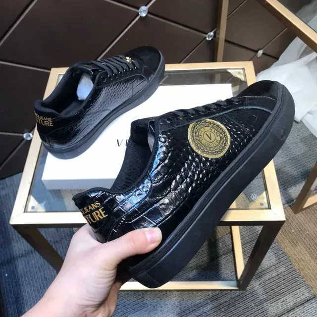 Versace Chain Reaction Black Gold Glossy Croc-Embossed Leather Medusa Plaque Lifestyle Sneakers 5
