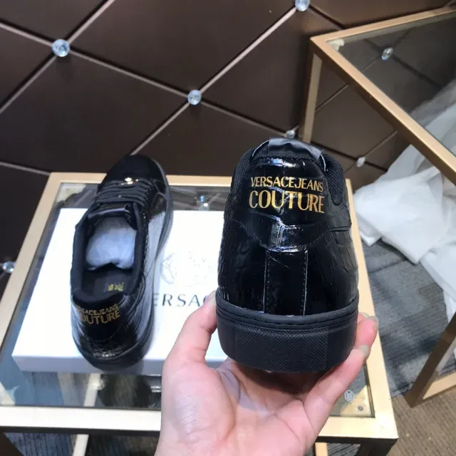 Versace Chain Reaction Black Gold Glossy Croc-Embossed Leather Medusa Plaque Lifestyle Sneakers 6