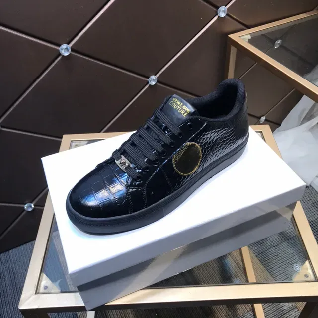 Versace Chain Reaction Black Gold Glossy Croc-Embossed Leather Medusa Plaque Lifestyle Sneakers 7