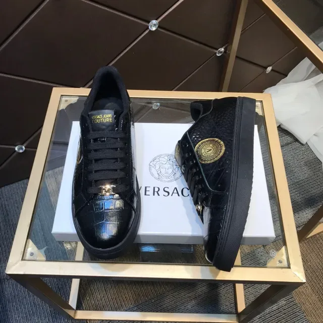 Versace Chain Reaction Black Gold Glossy Croc-Embossed Leather Medusa Plaque Lifestyle Sneakers 8