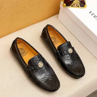 Versace Chain Reaction Black Gold Patent Leather Embossed Palm-Leaf Texture Loafer
