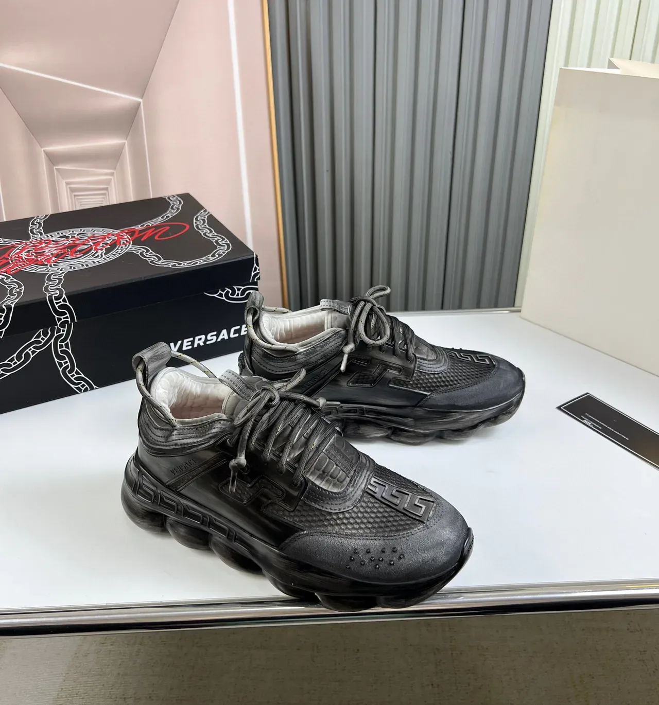 Versace Chain Reaction Distressed Black Chunky Sneakers 2