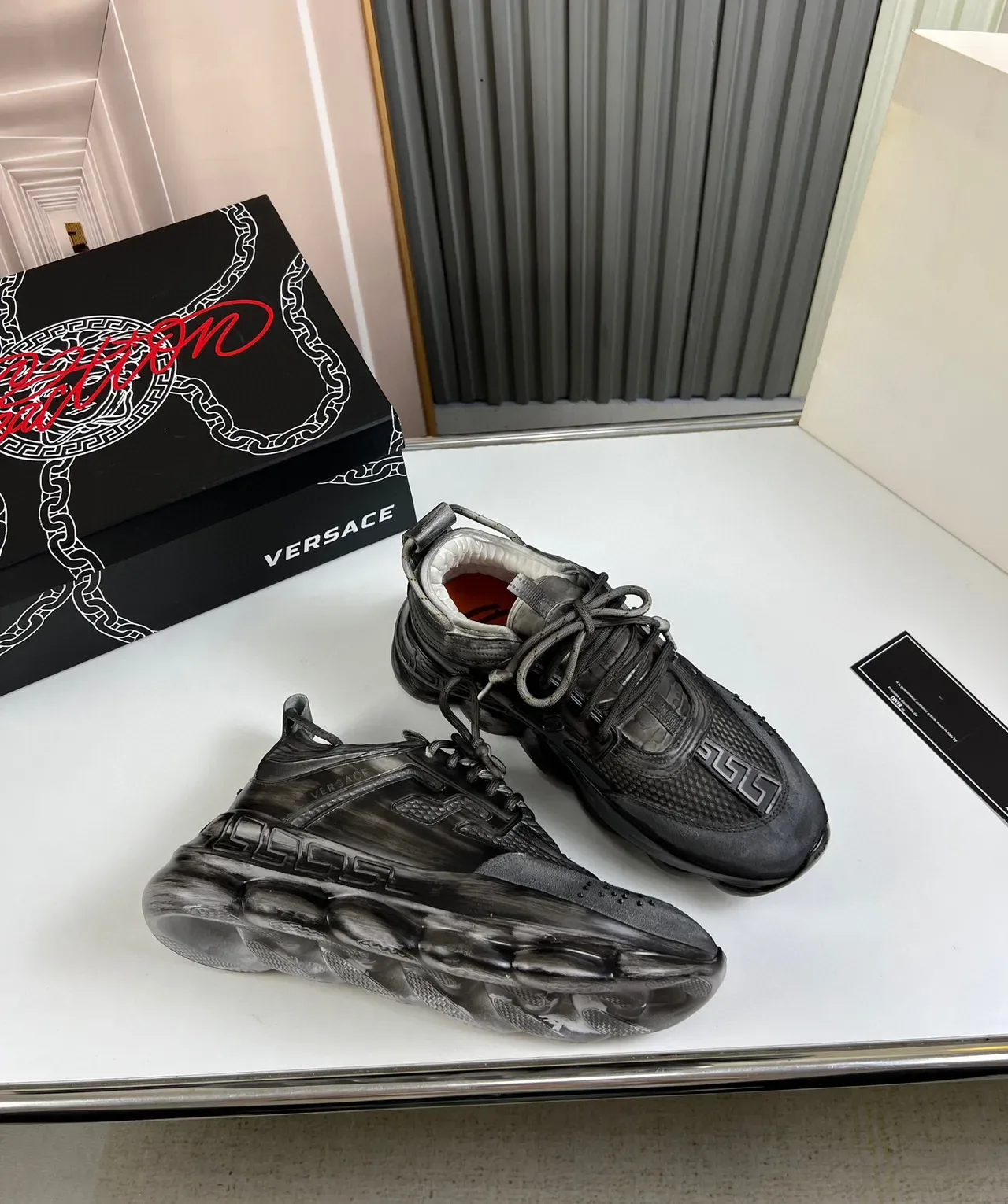 Versace Chain Reaction Distressed Black Chunky Sneakers 6