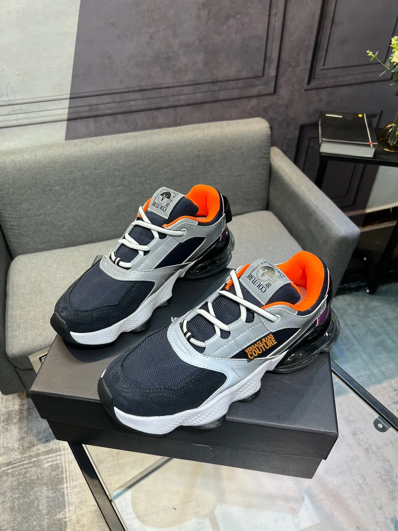 Versace Chain Reaction Navy Gray semelle transparente Air Unit Chunky Sneakers 3