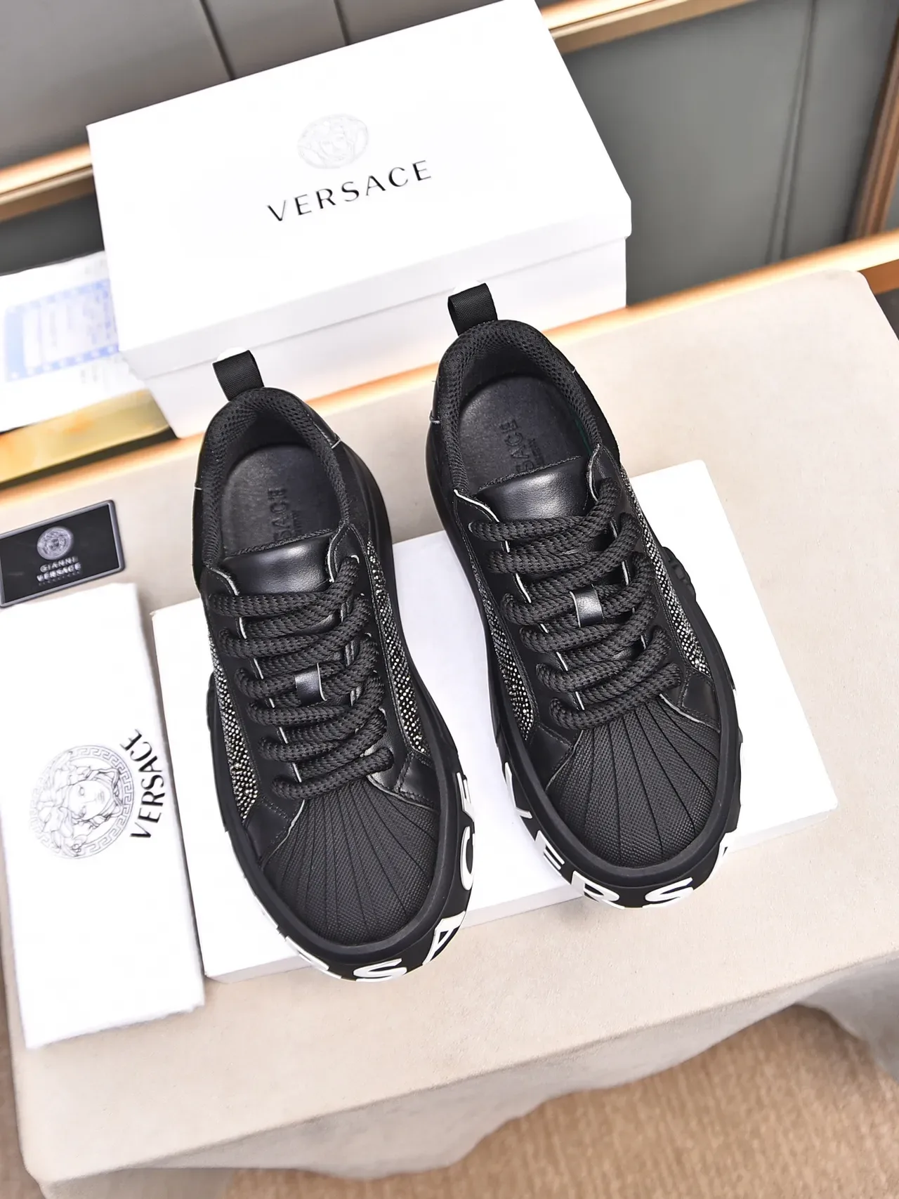 Versace Chain Reaction Rhinestone-Embellished Black Lifestyle Sneakers 3