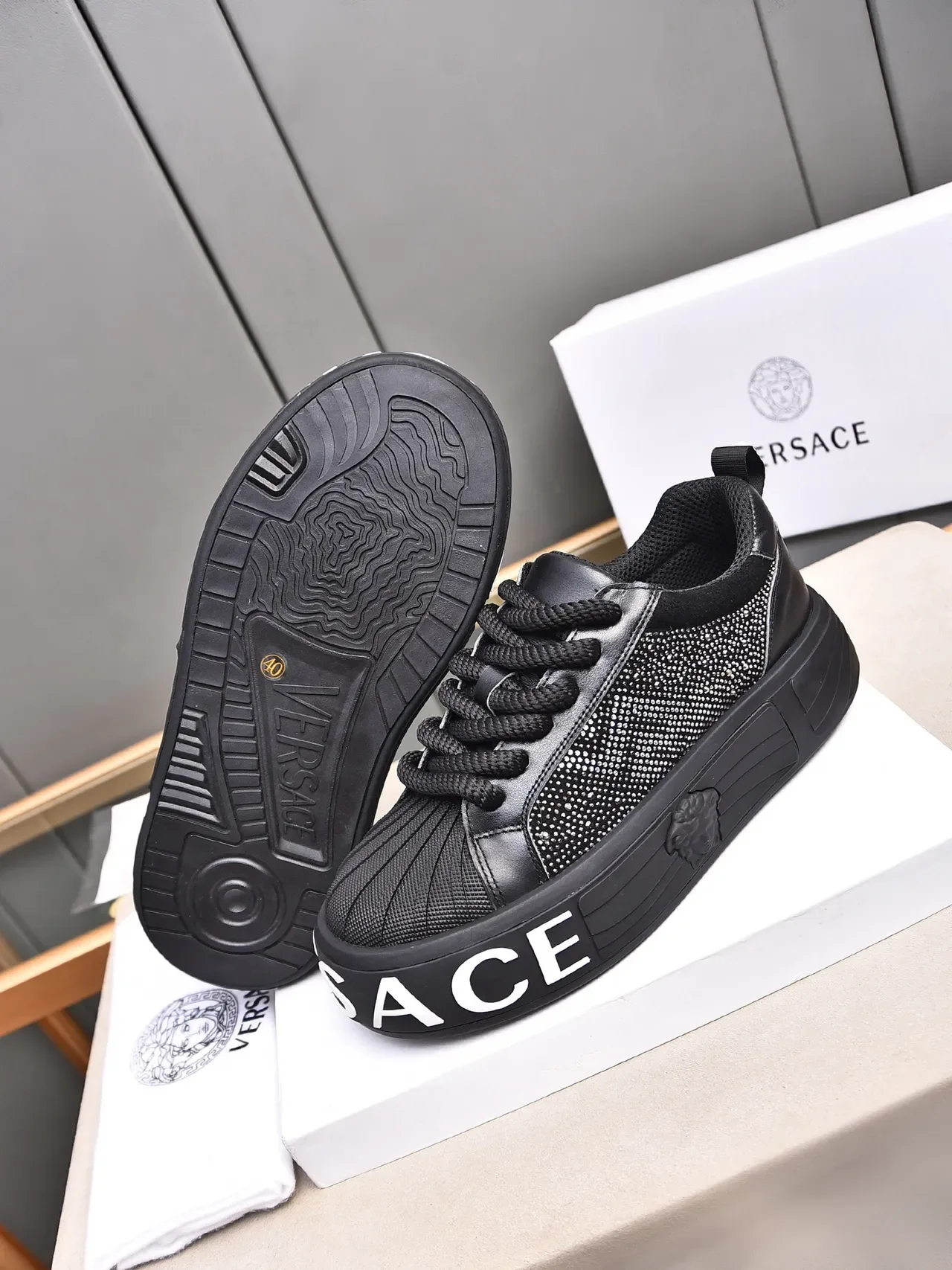Versace Chain Reaction Rhinestone-Embellished Black Lifestyle Sneakers 4