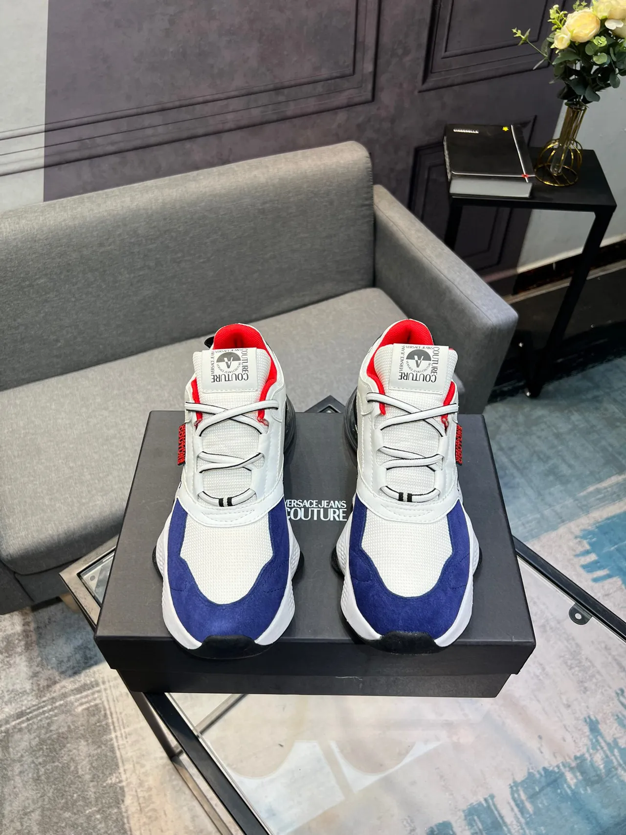 Versace Chain Reaction White Blue Sole Multi-Panel Upper Chunky Sneakers 2