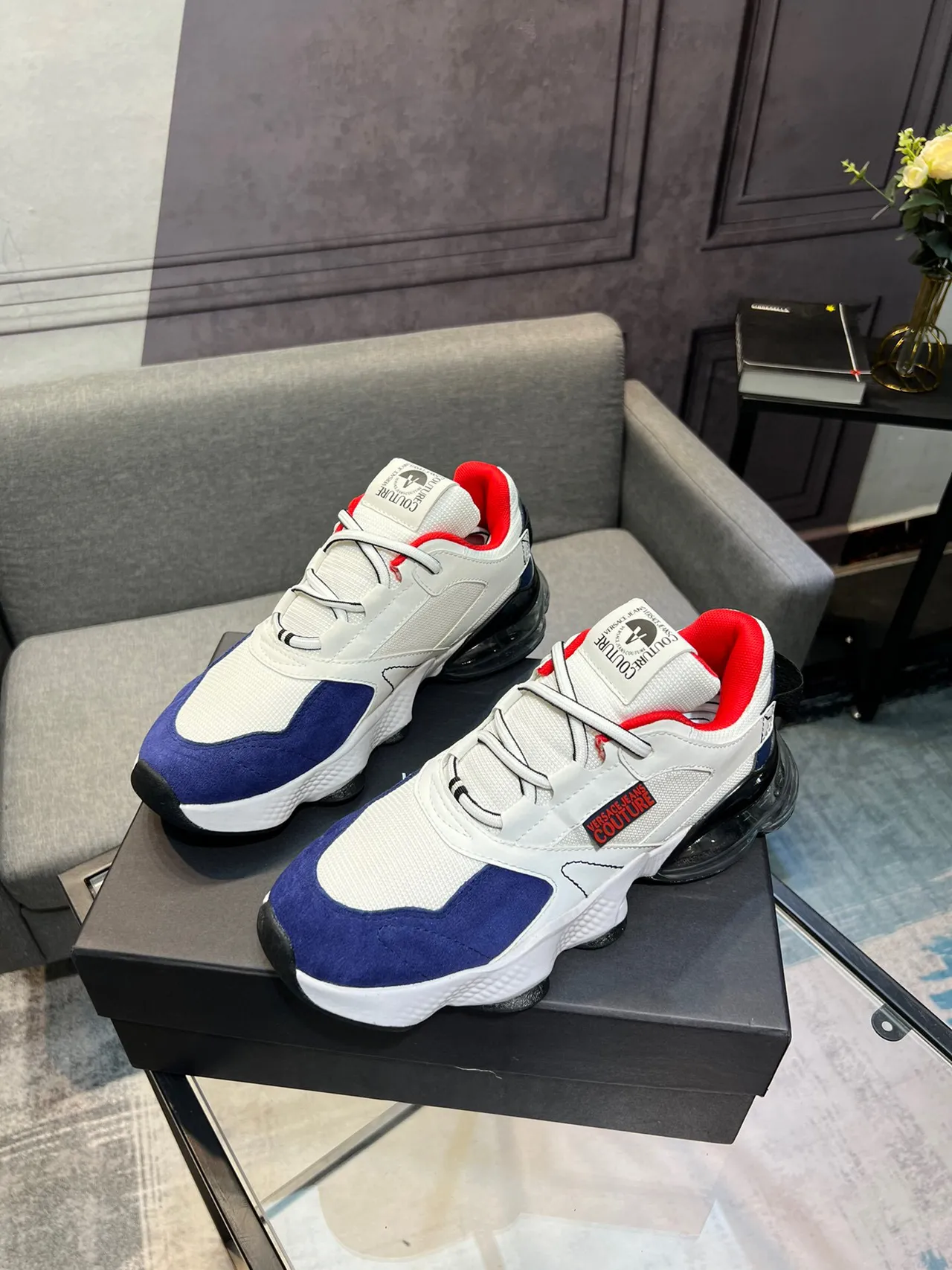 Versace Chain Reaction White Blue Sole Multi-Panel Upper Chunky Sneakers 3