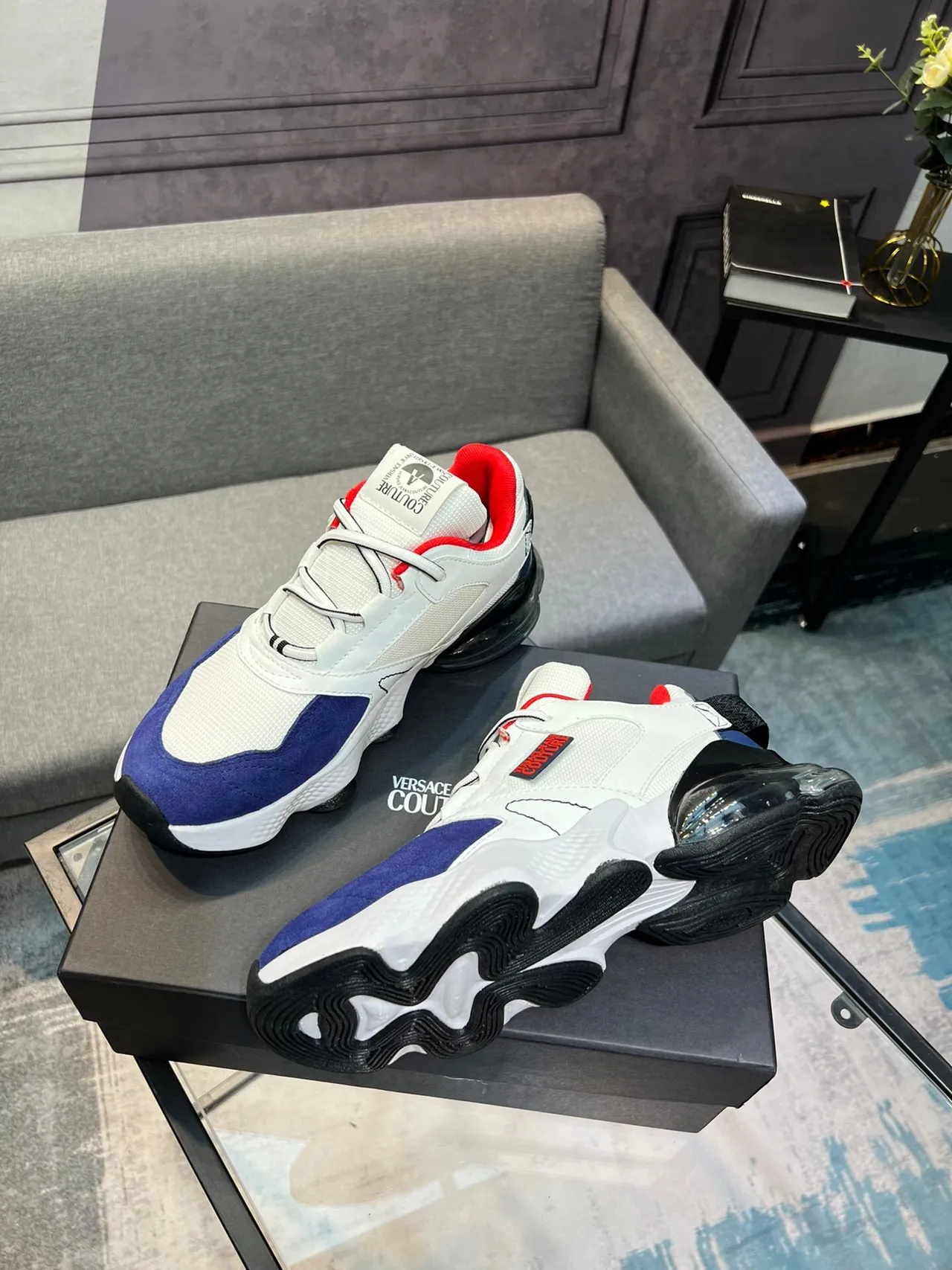 Versace Chain Reaction White Blue Sole Multi-Panel Upper Chunky Sneakers 4