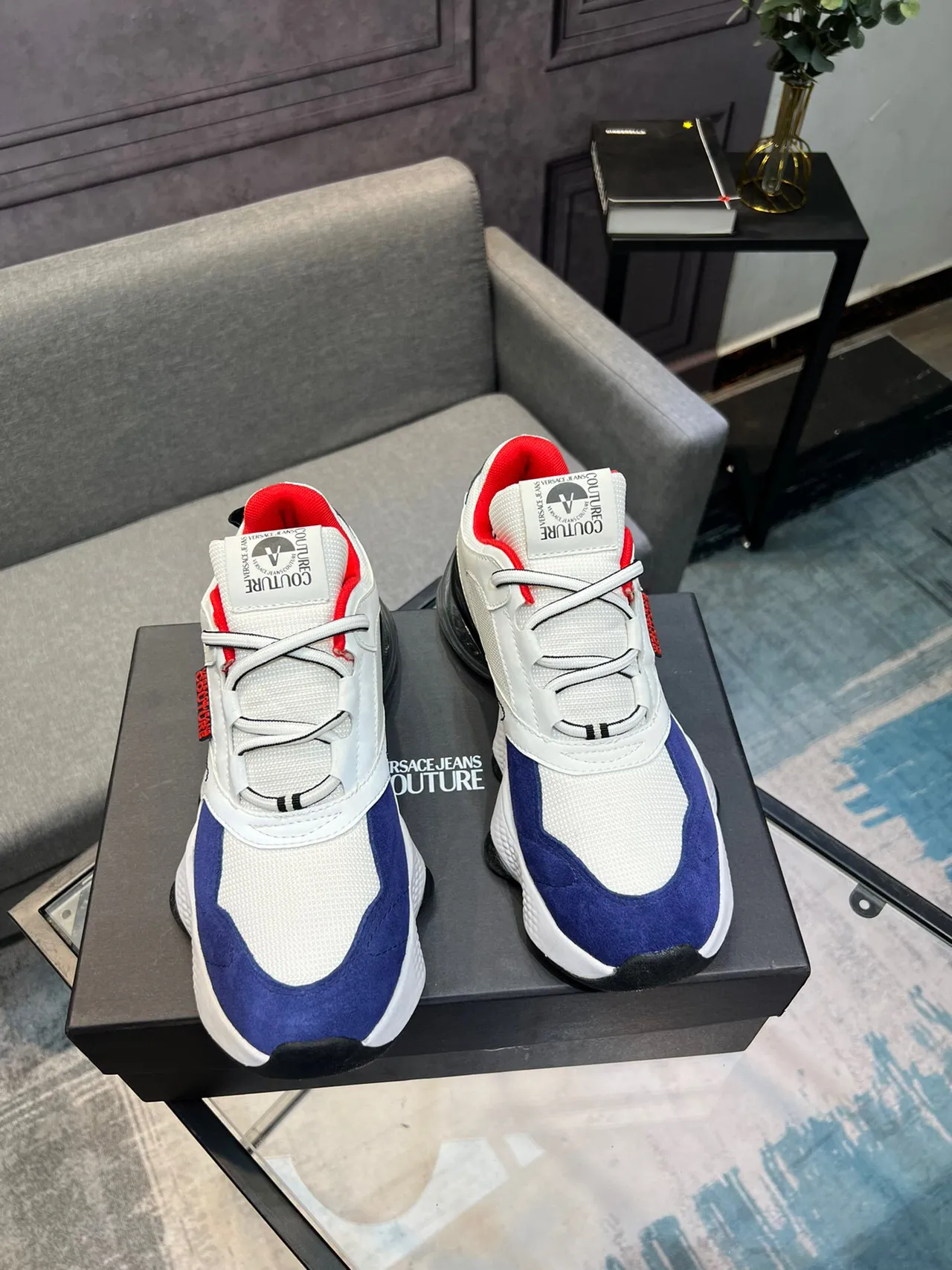 Versace Chain Reaction White Blue Sole Multi-Panel Upper Chunky Sneakers 5