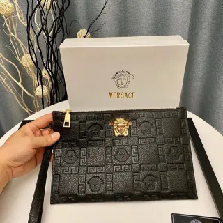 Versace Greca Medusa Embossed Black Leather Envelope Clutch