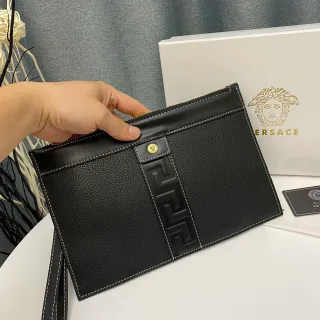 Versace Greca Odissea Black Pebbled Leather Wristlet