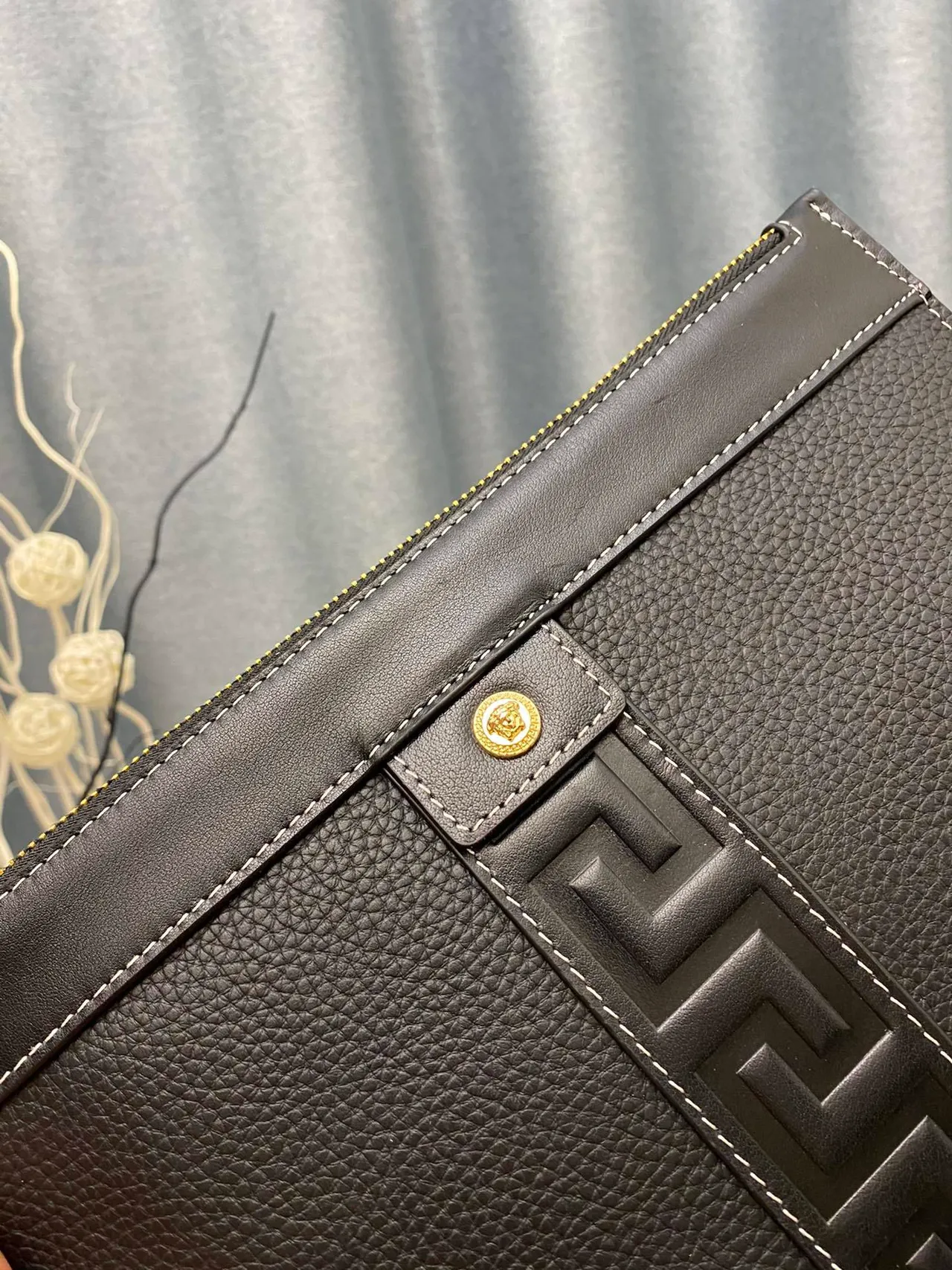 Versace Greca Odissea Black Pebbled Leather Wristlet 2